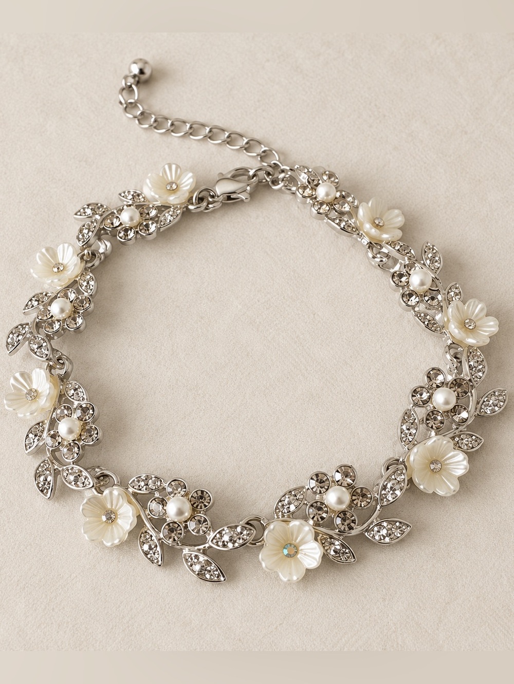 Silver Tone Floral Bracelet With Iridescent Flowers & Rhinestones